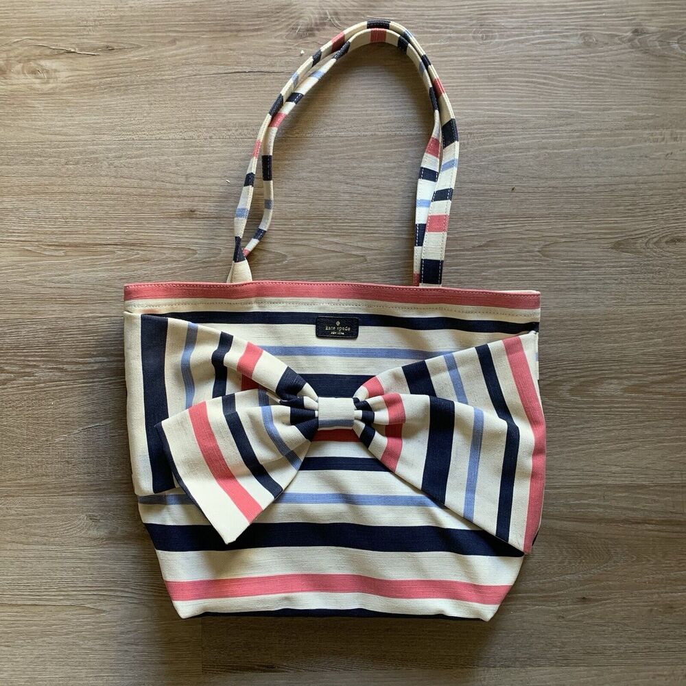Kate Spade Fairmont Canvas Cream Blue Coral Bow Tote Bag - Made in Rwanda